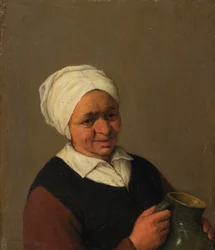 Gammal bondkvinna som håller en kanna, ca 1643